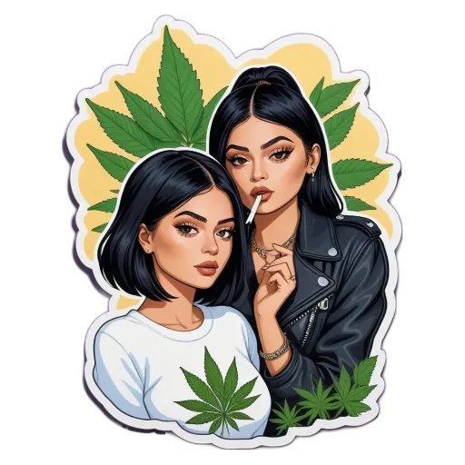 Two women with Marijuana leaf stickers on their shirts.