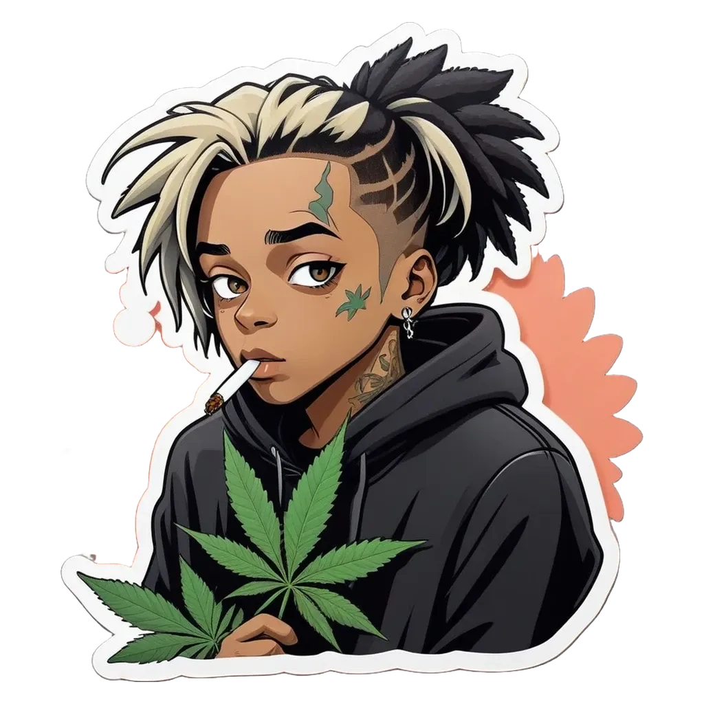 An illustration of a girl with a marijuana leaf in her hair.