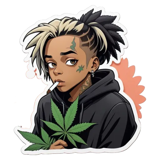 An illustration of a girl with a marijuana leaf in her hair.