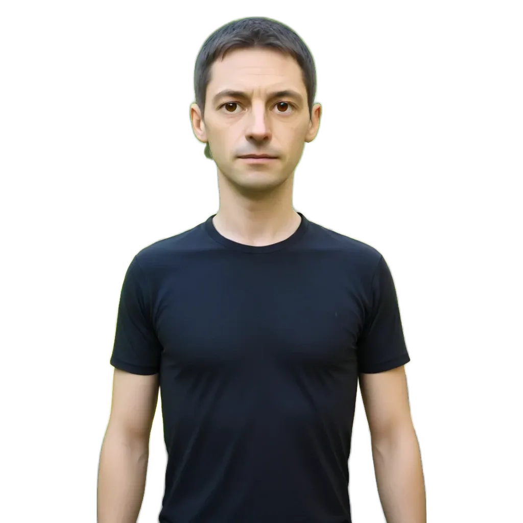 A man wearing a black shirt is standing in front of a black background.