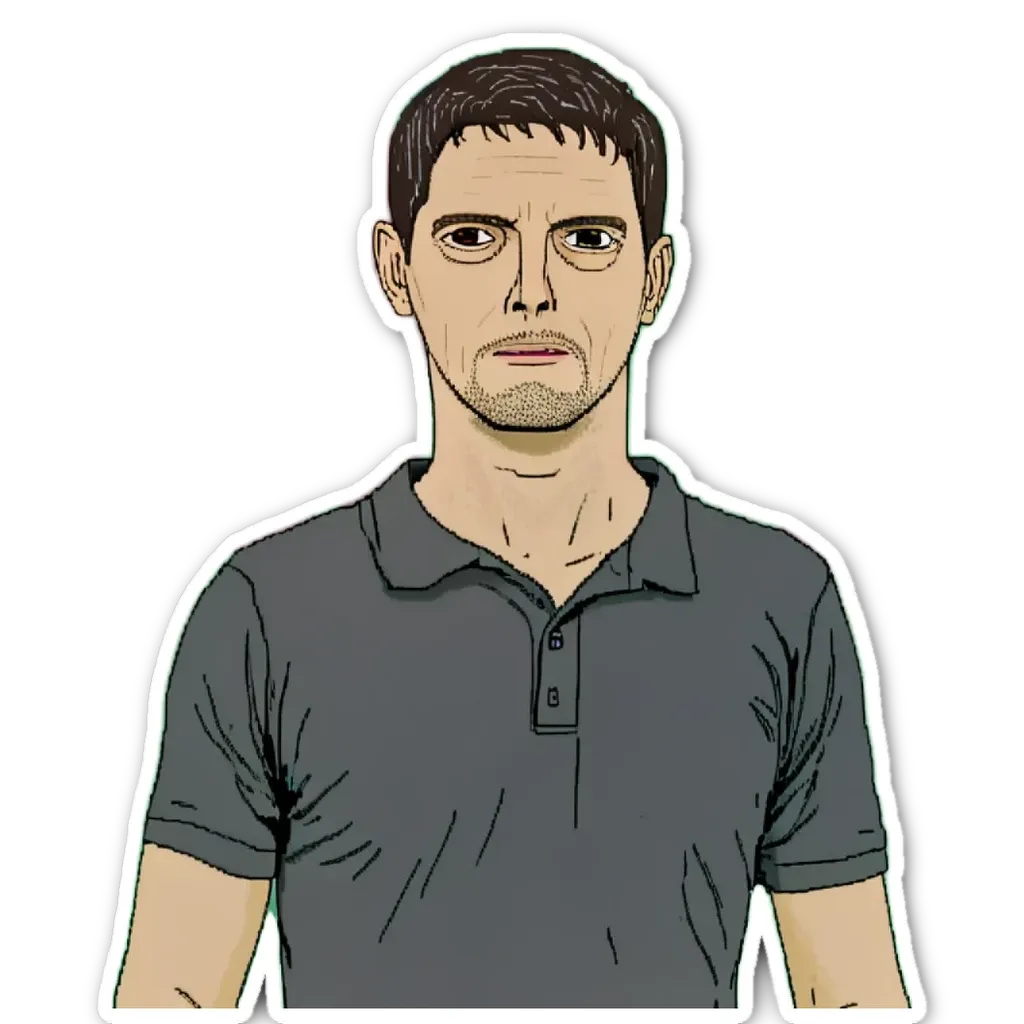 A very detailed and accurate cartoonish drawing of a man with a black shirt and black hair.