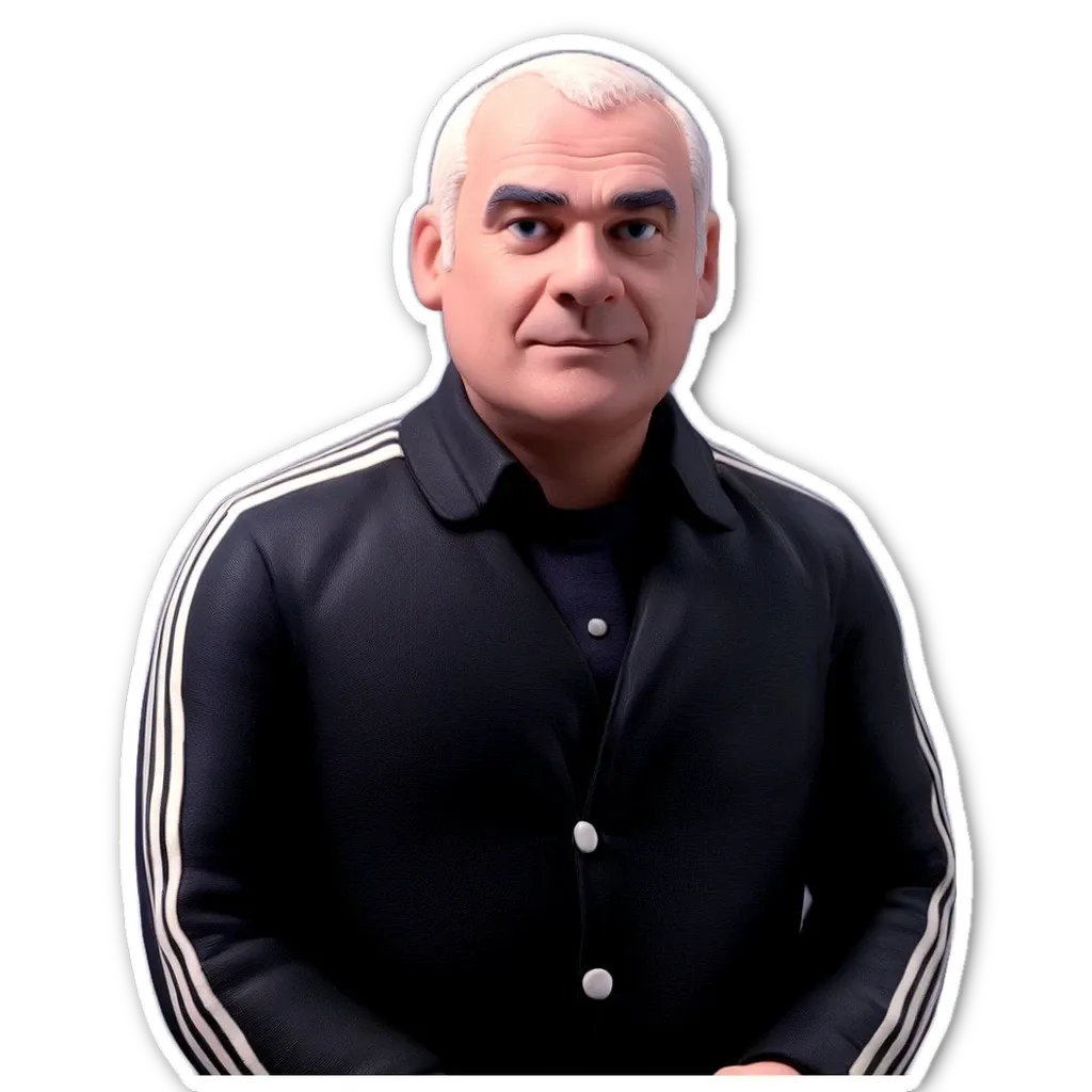 A sticker of a man with white hair and a black jacket.