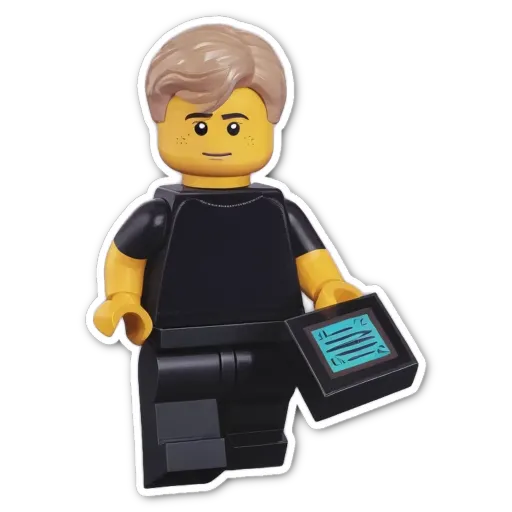 A black lego person holding a tablet.