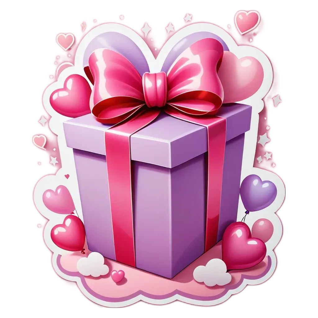 A gift box covered in hearts and a bow is displayed on a white background.