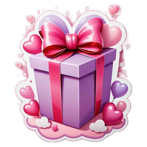 A gift box covered in hearts and a bow is displayed on a white background.