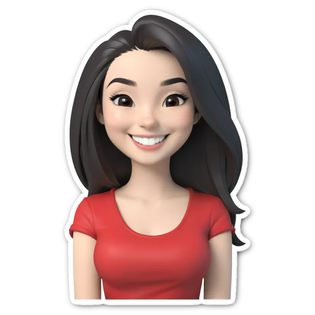 A cartoonish woman with black hair and a red shirt.