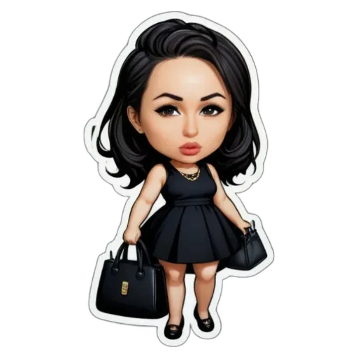 A girl character in a black dress holding a purse.