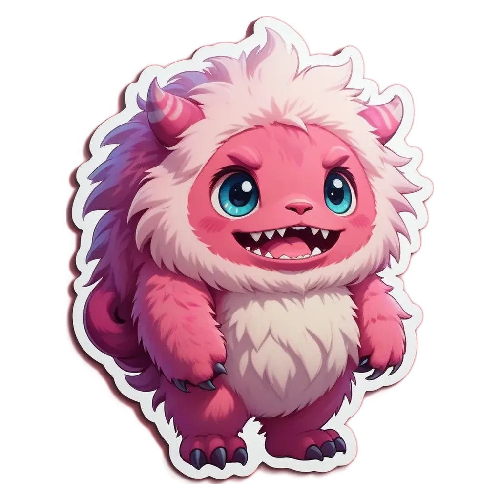 A pink and white creature with big teeth is standing on a black background.