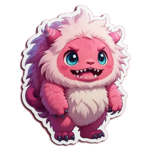 A pink and white creature with big teeth is standing on a black background.