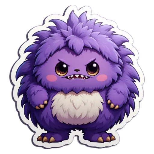 A purple monster with big teeth is on a black background.