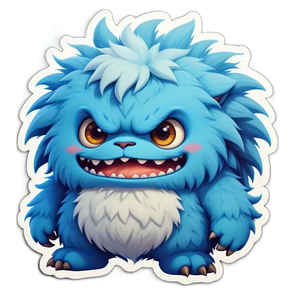 A blue and white character from a sticker of a monster.