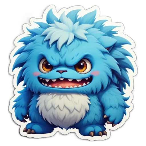 A blue and white character from a sticker of a monster.