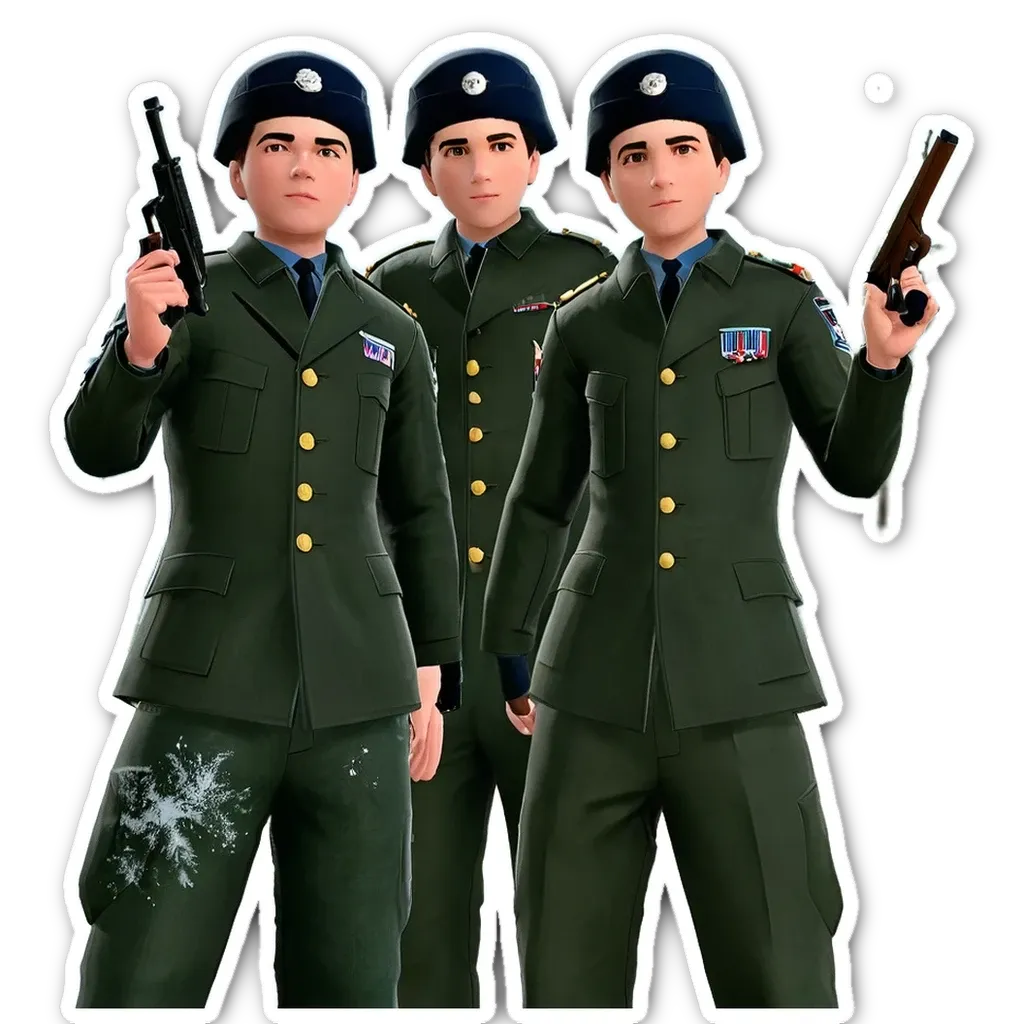 Three men in military uniforms with guns are sticker men.