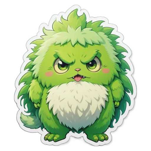 A green monster with white fur and red eyes.