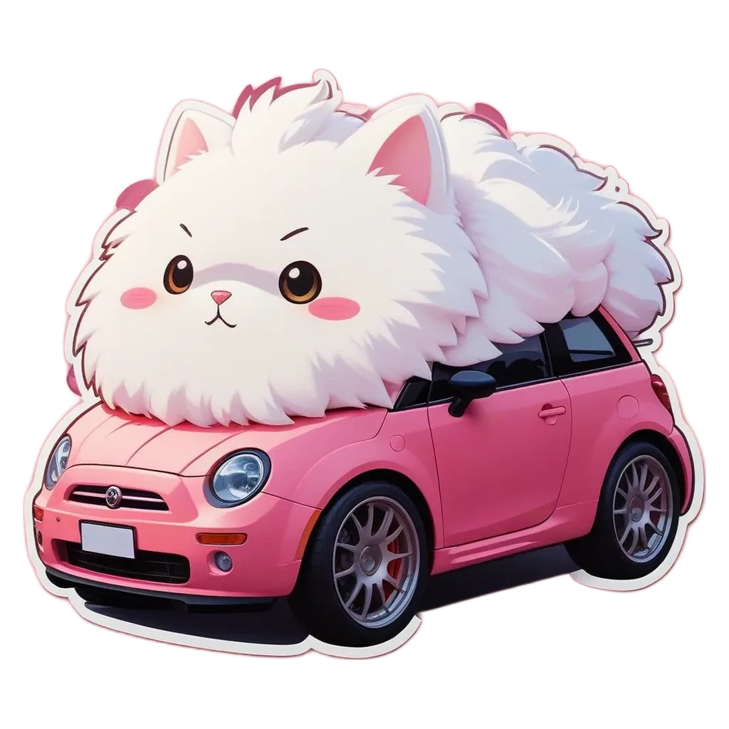 A car with a fluffy white cat in the front seat.