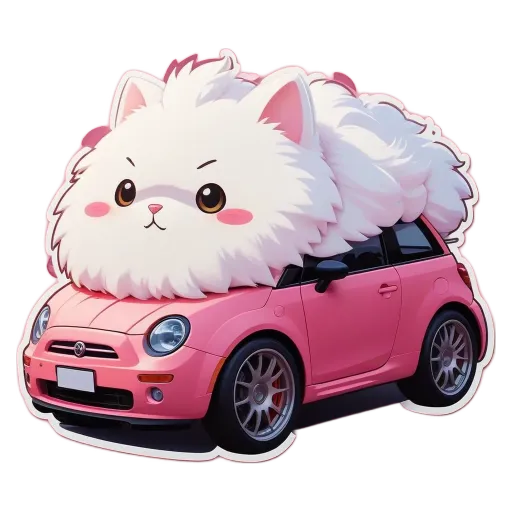 A car with a fluffy white cat in the front seat.