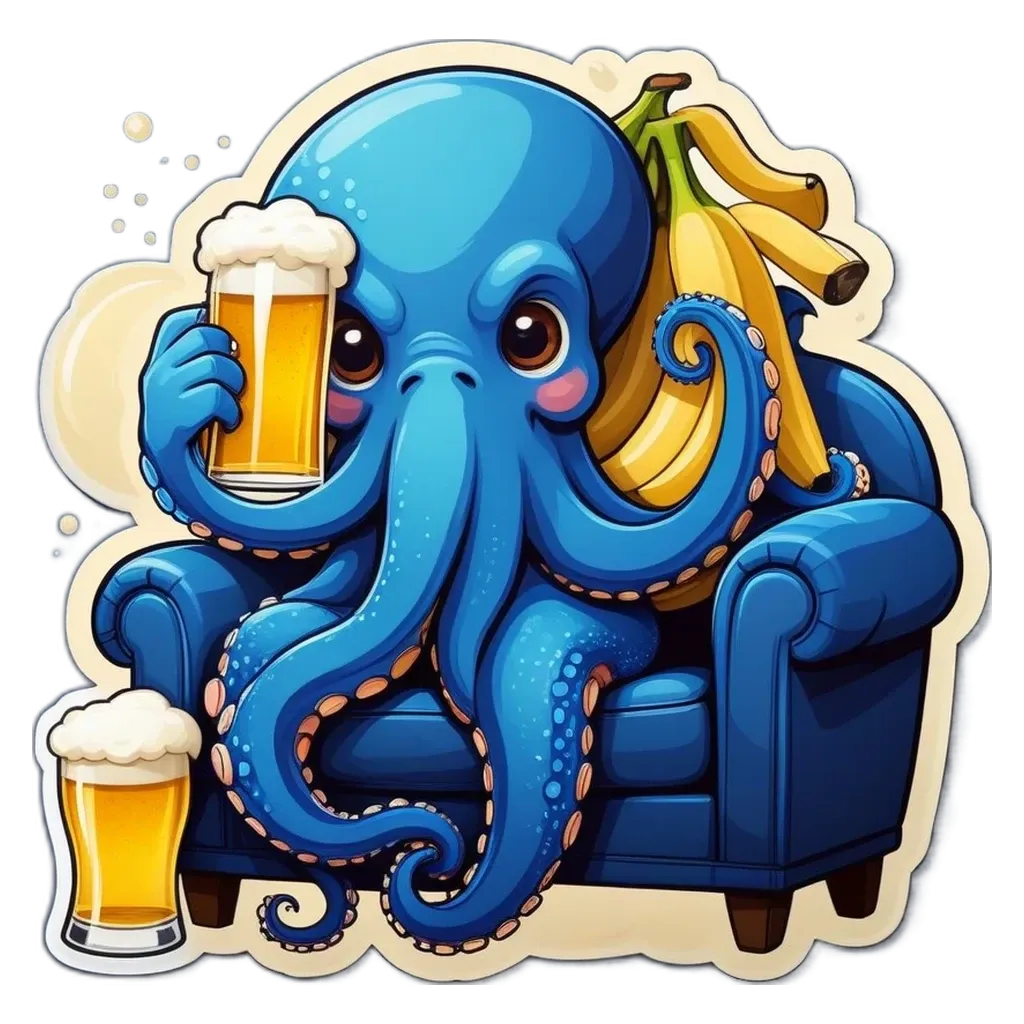 A blue octopus sitting on a blue couch holding a glass of beer.