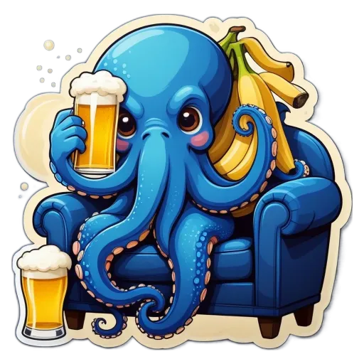 A blue octopus sitting on a blue couch holding a glass of beer.