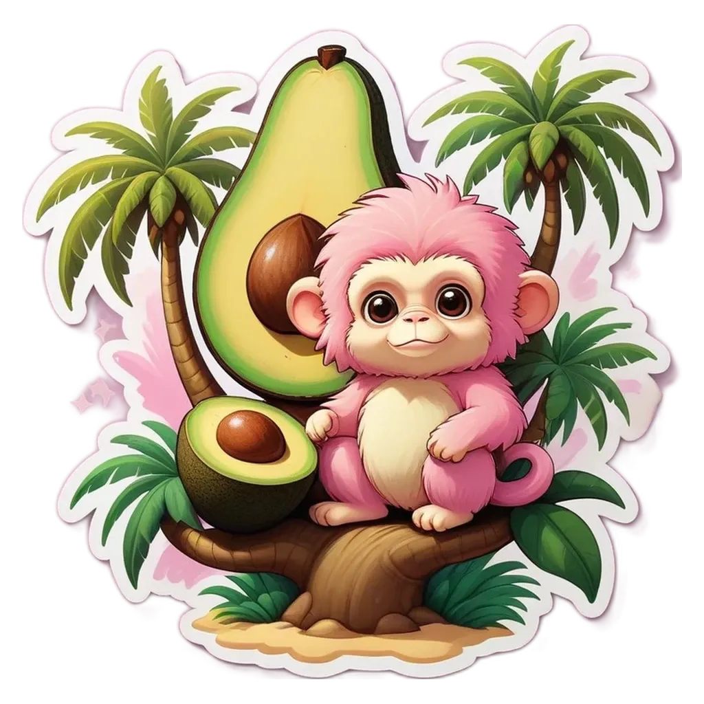 A cute pink monkey is sitting on a tree branch next to an avocado.