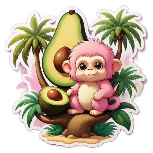 A cute pink monkey is sitting on a tree branch next to an avocado.