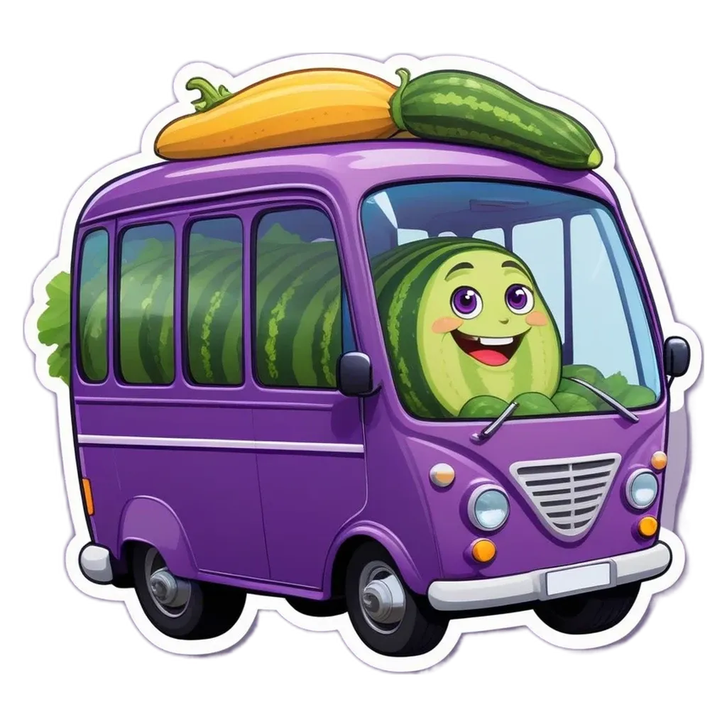 A sticker of a bus with a watermelon on the roof.