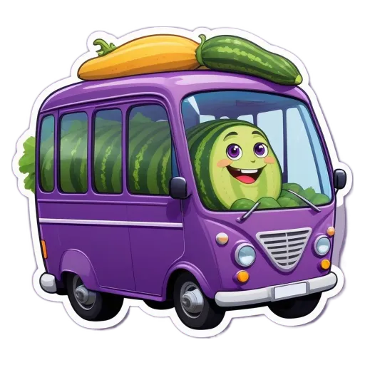 A sticker of a bus with a watermelon on the roof.