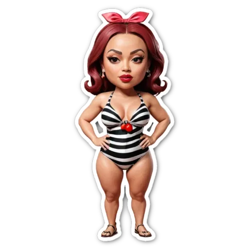 A sticker of a girl in a bathing suit that is black and white.