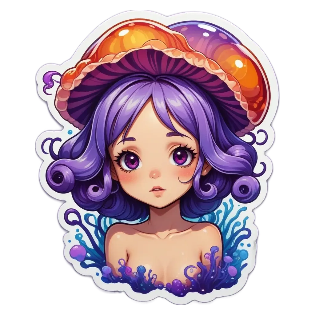 A girl with a mushroom hat has purple eyes.