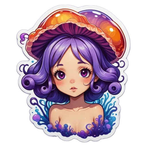 A girl with a mushroom hat has purple eyes.