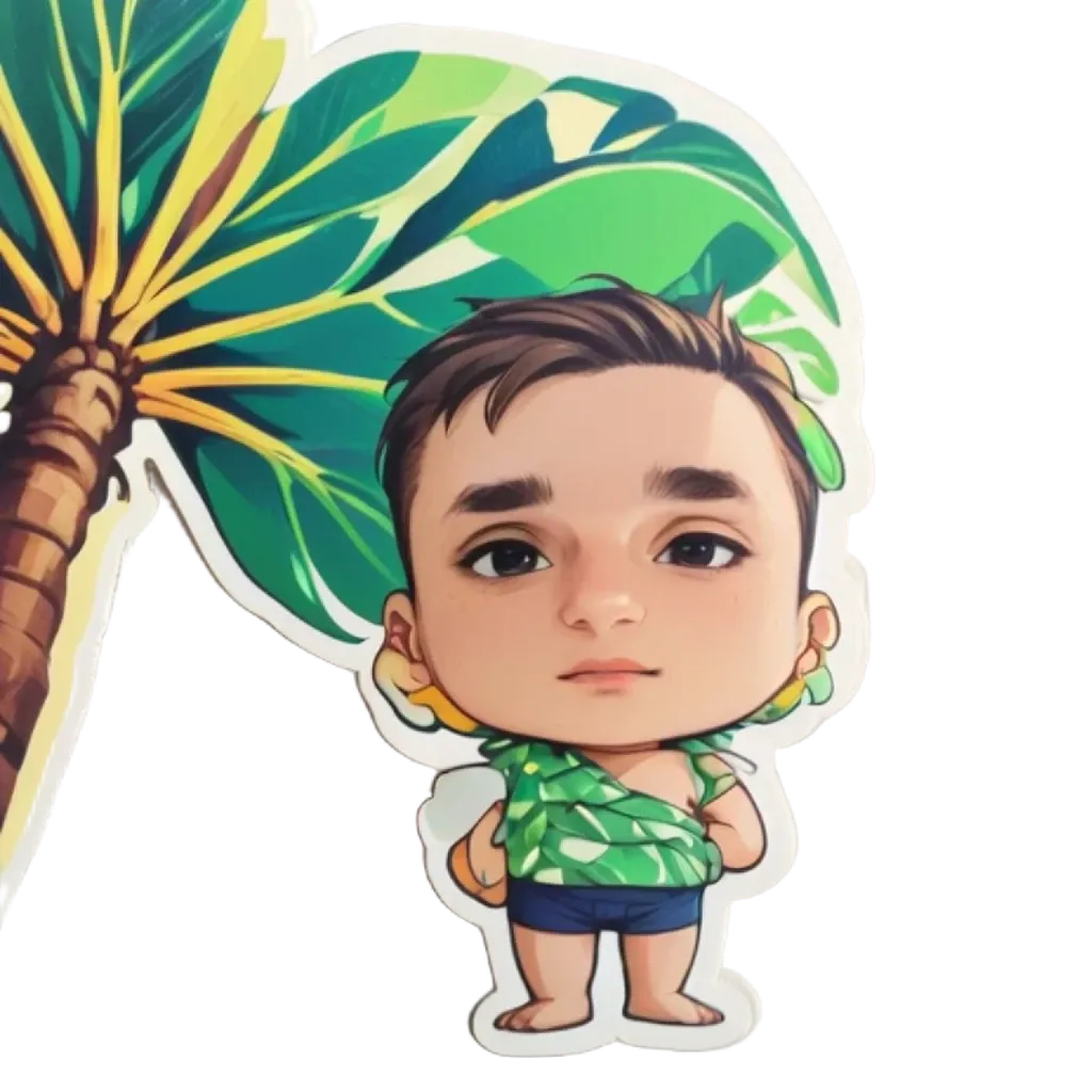 A child wearing a green shirt and earrings standing in front of a palm tree.