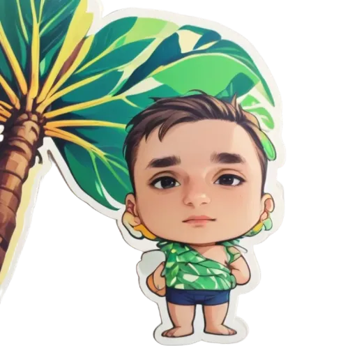 A child wearing a green shirt and earrings standing in front of a palm tree.