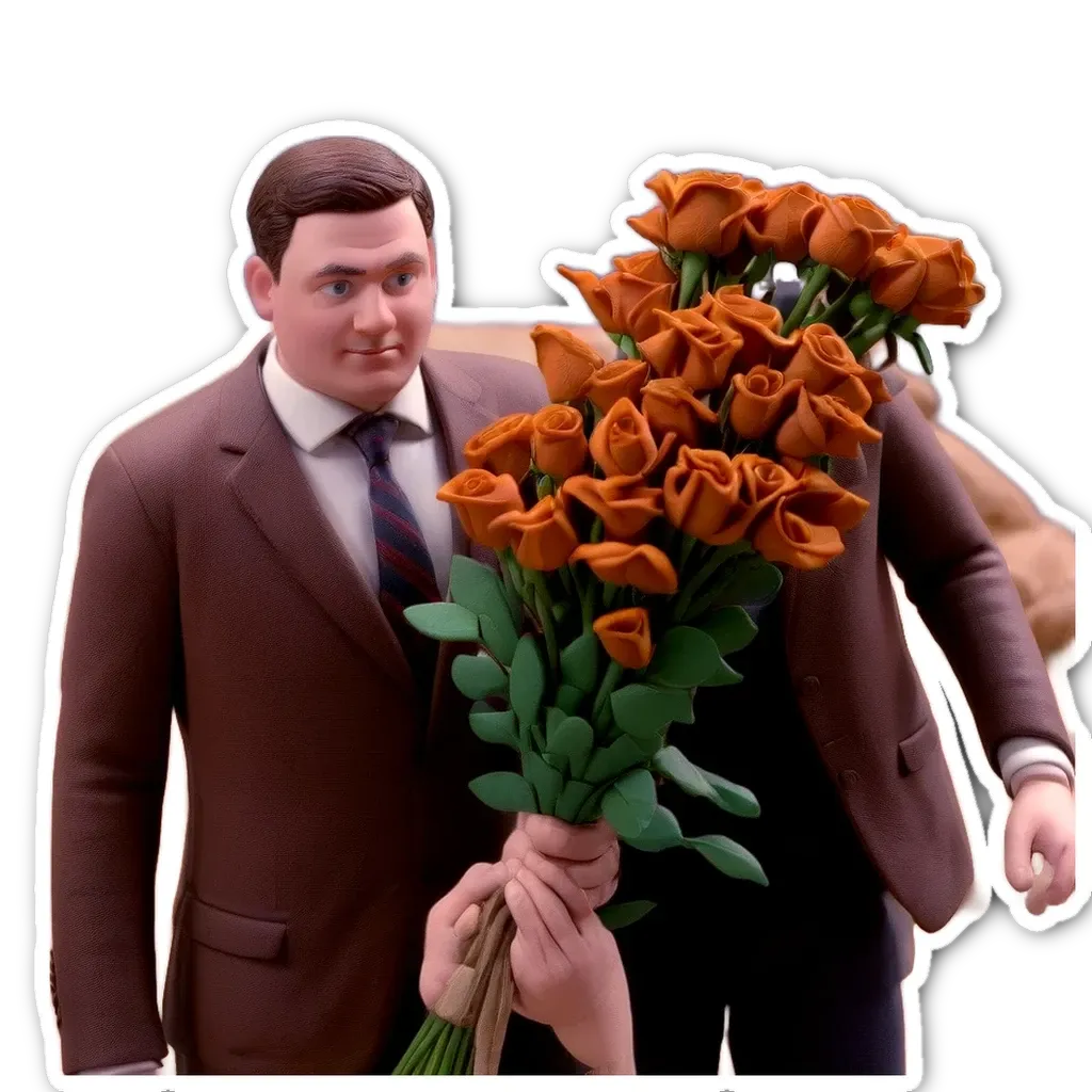 A man in a brown jacket holds a bouquet of roses.