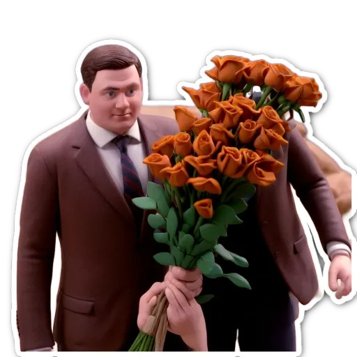 A man in a brown jacket holds a bouquet of roses.