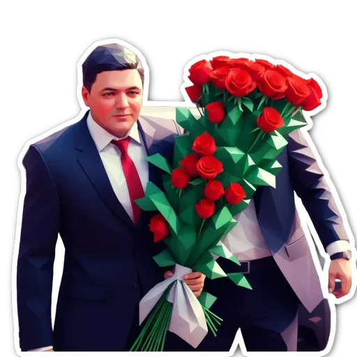 A man in a suit holding a bunch of roses.