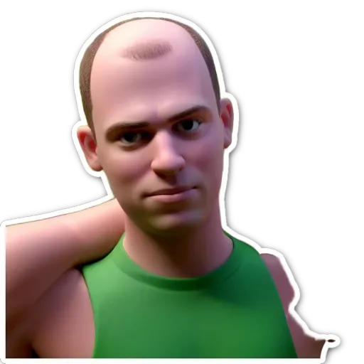A green colored character with a fake expression and no shirt.