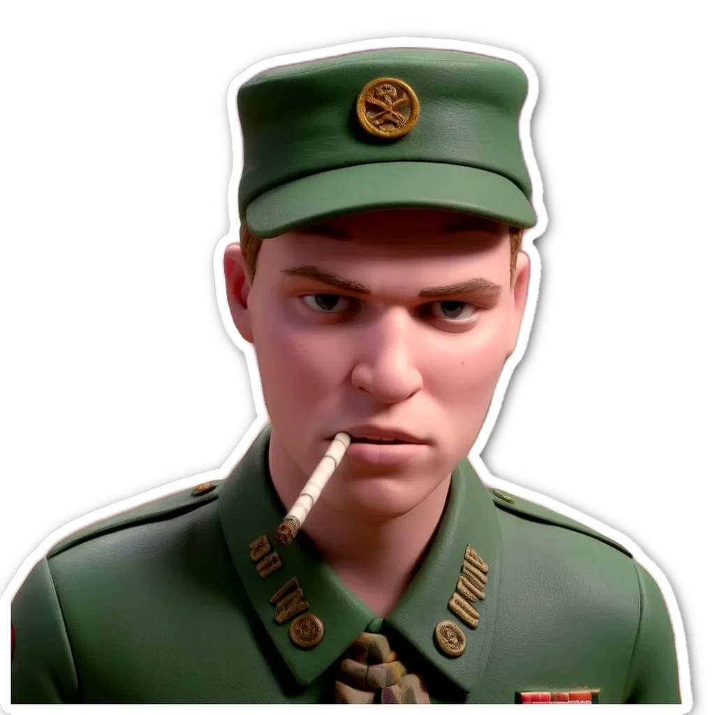 A sticker of a man who is a military person and is smoking a cigarette.