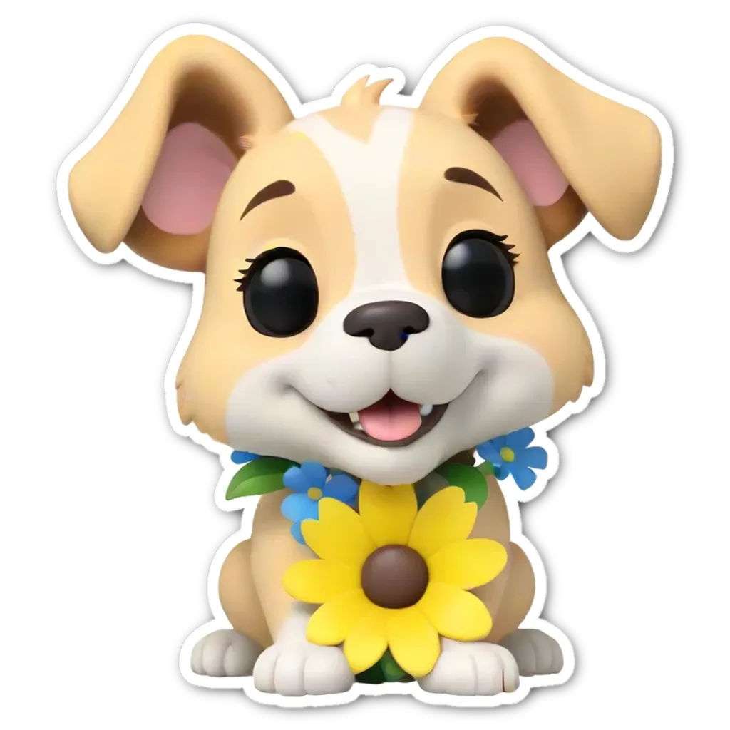 A cartoon dog holding a flower is sticker.