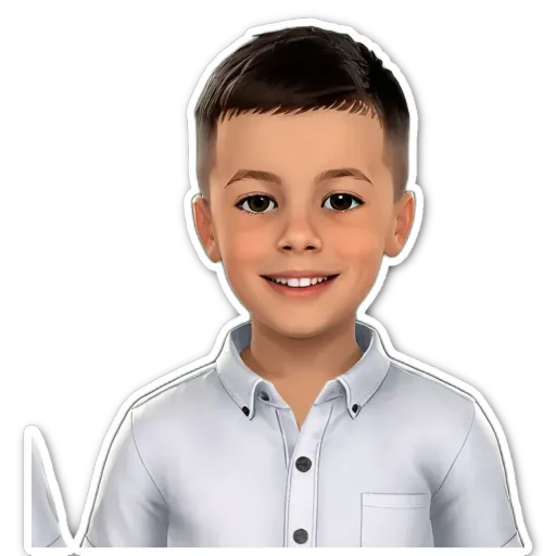 A boy with a white shirt and black buttons.