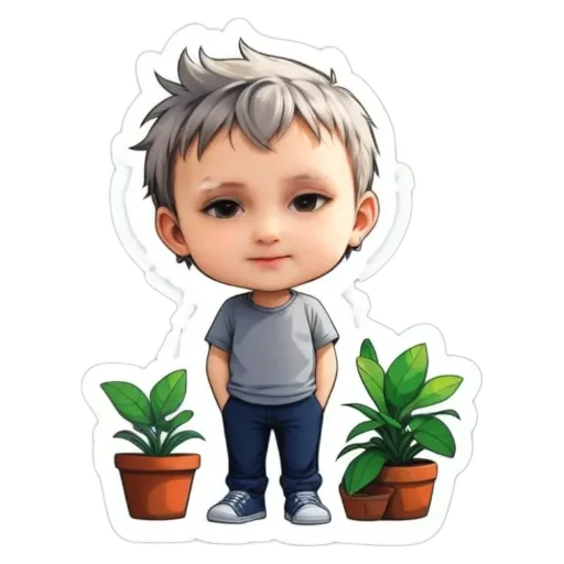 A boy is standing in front of some plants and a potted plant.