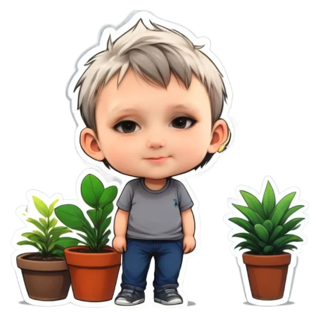 A small cartoon boy is standing in front of some potted plants.