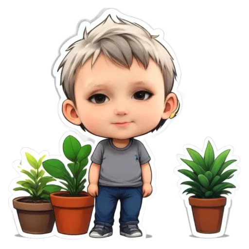 A small cartoon boy is standing in front of some potted plants.