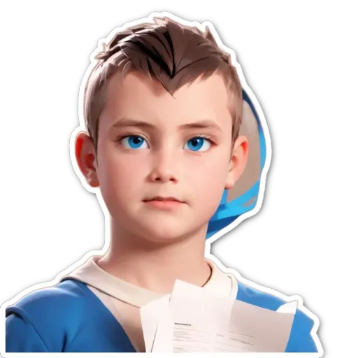 A sticker of a boy that is holding a piece of paper.