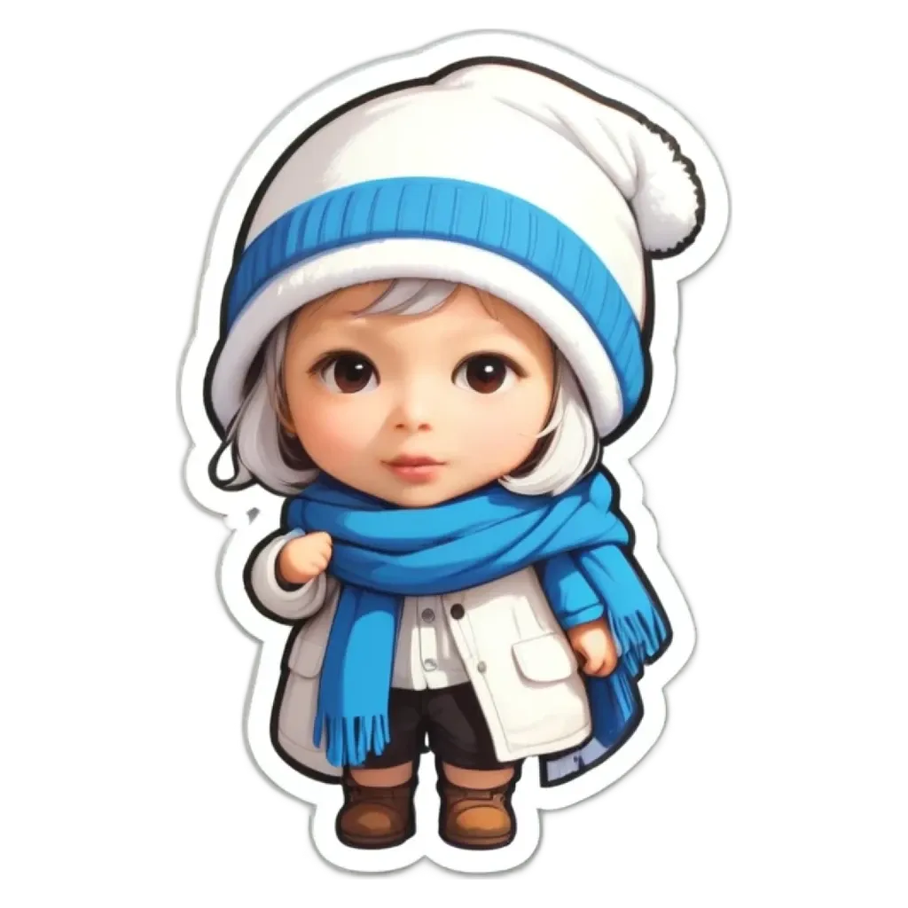 A cartoon depiction of a girl wearing a white and blue scarf.