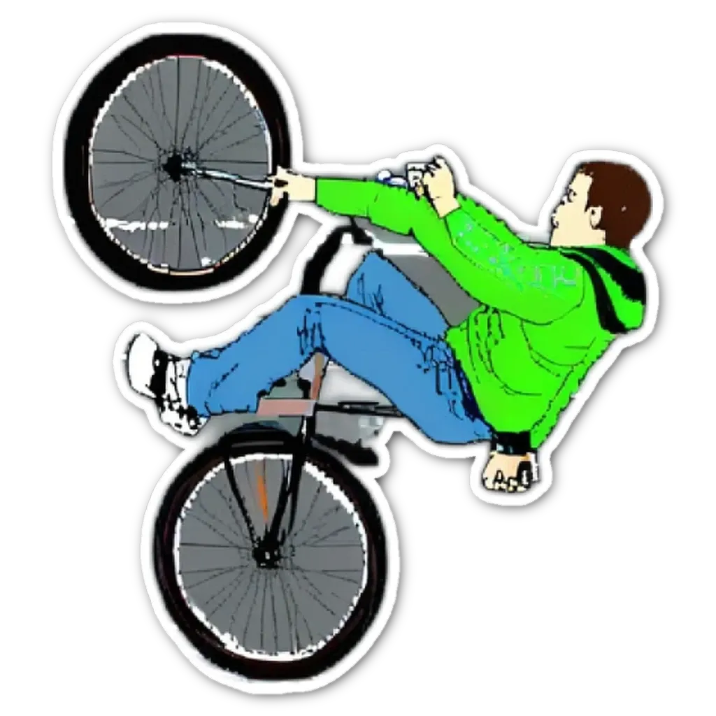 A sticker of a man doing a wheelie on a bike.