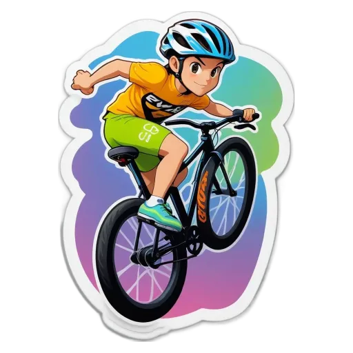 A boy on a bike that is colored blue and green.