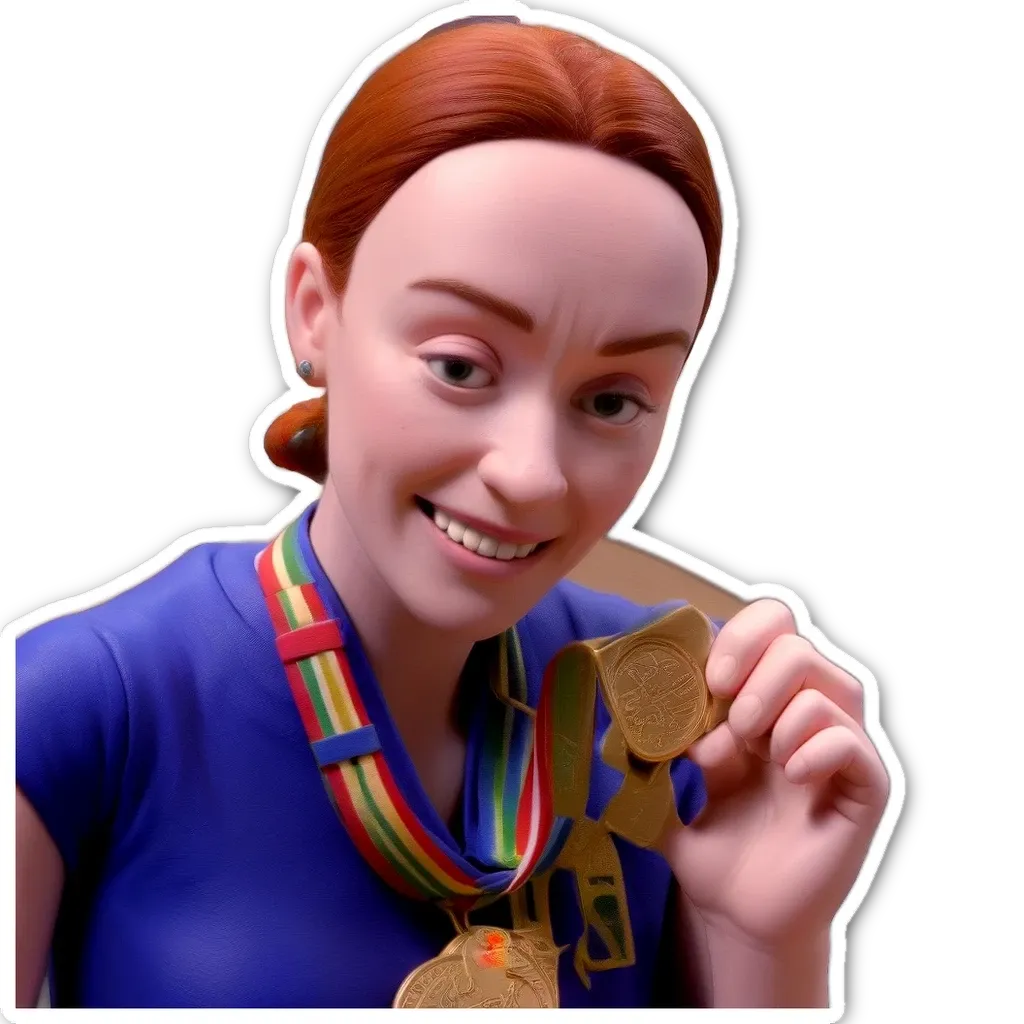 A girl is holding two gold medals and is very happy.