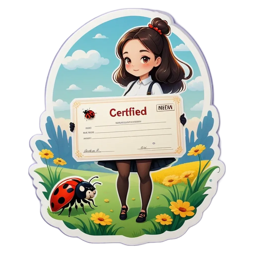 A ladybug on a paper that has a girl with a certificate on it.