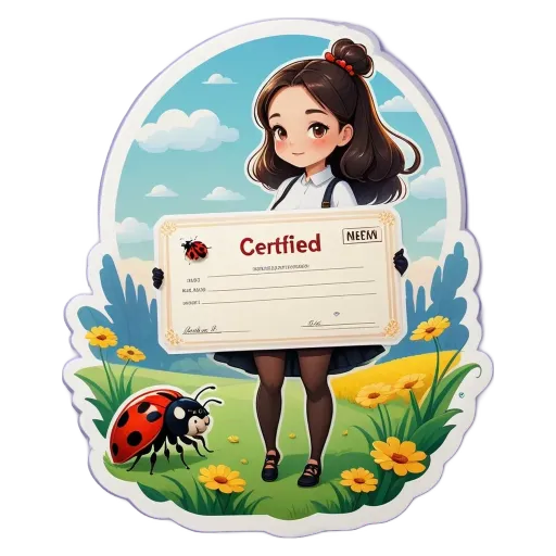 A ladybug on a paper that has a girl with a certificate on it.