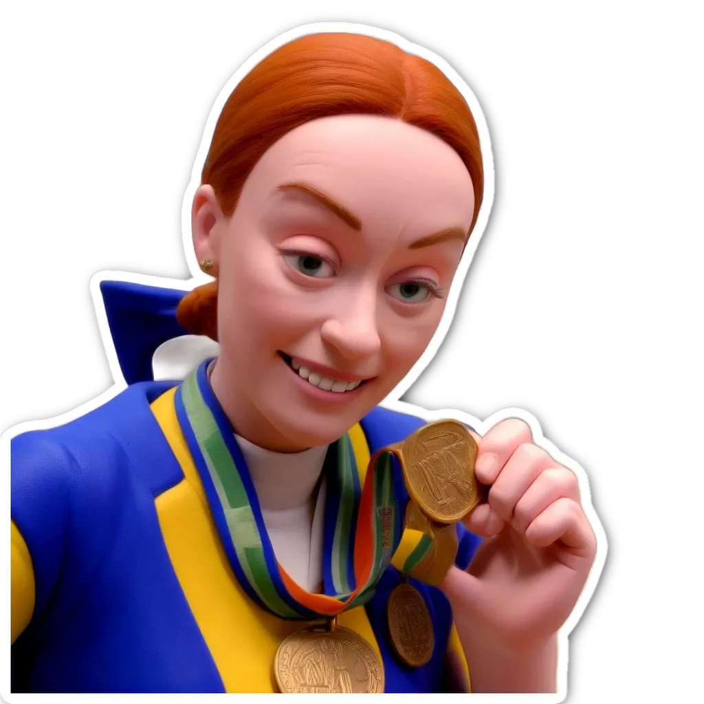 A girl holding a gold medal is showing it off.