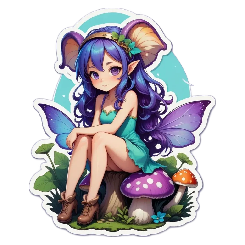 A fairy sitting on a mushroom with a green dress.